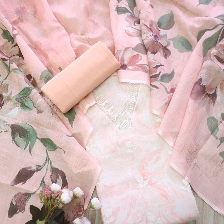 Raabta Peach Orange V Neck Lace Work Printed Cotton Linen Suit Set