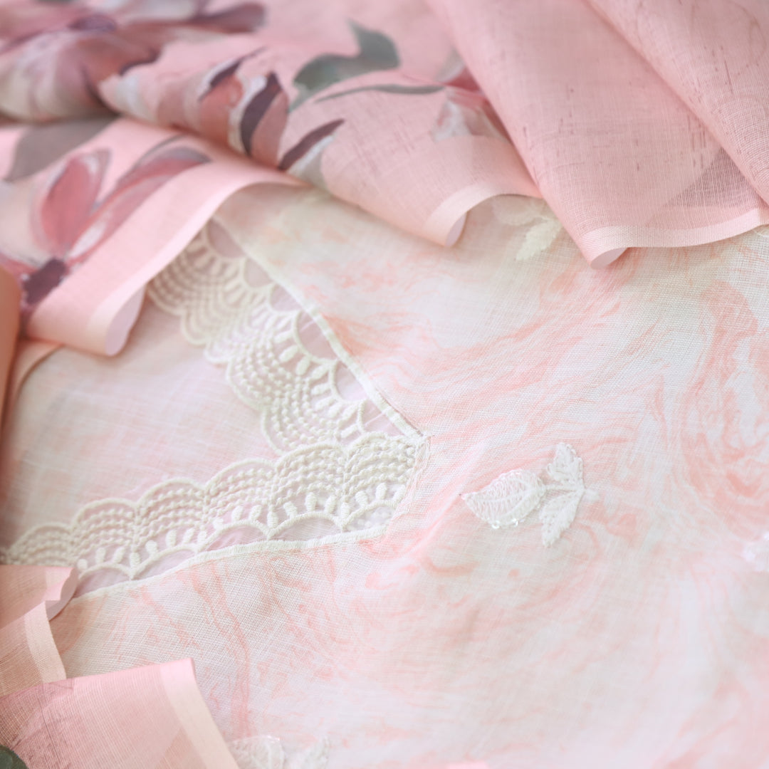 Raabta Peach Orange V Neck Lace Work Printed Cotton Linen Suit Set