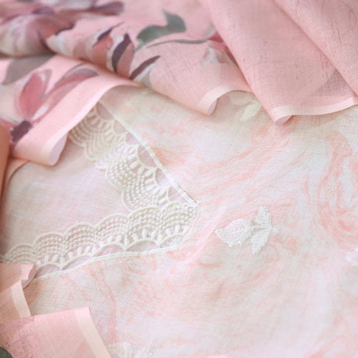 Raabta Peach Orange V Neck Lace Work Printed Cotton Linen Suit Set