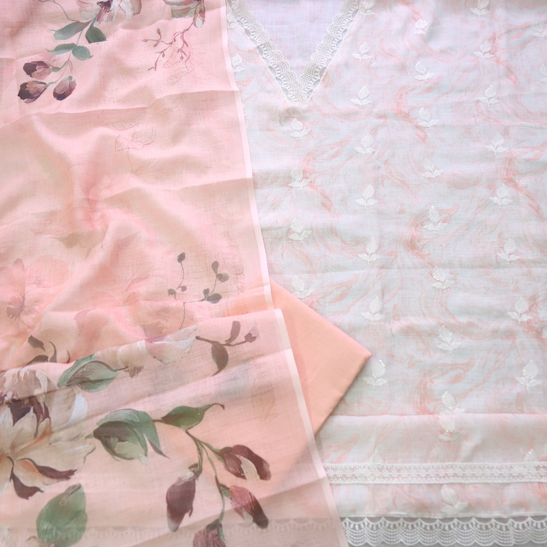 Raabta Peach Orange V Neck Lace Work Printed Cotton Linen Suit Set