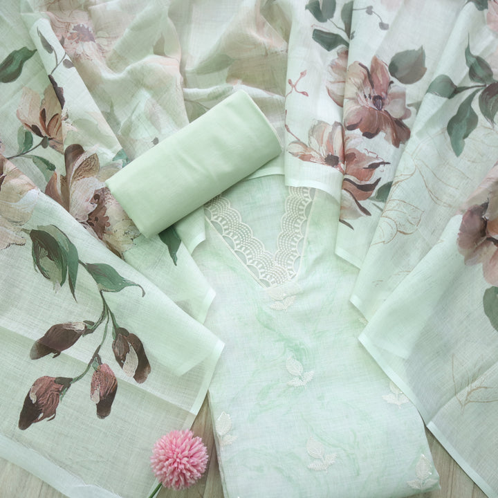 Raabta Minty Green V Neck Lace Work Printed Cotton Linen Suit Set