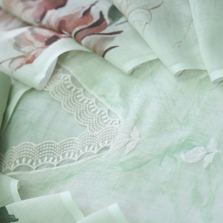 Raabta Minty Green V Neck Lace Work Printed Cotton Linen Suit Set