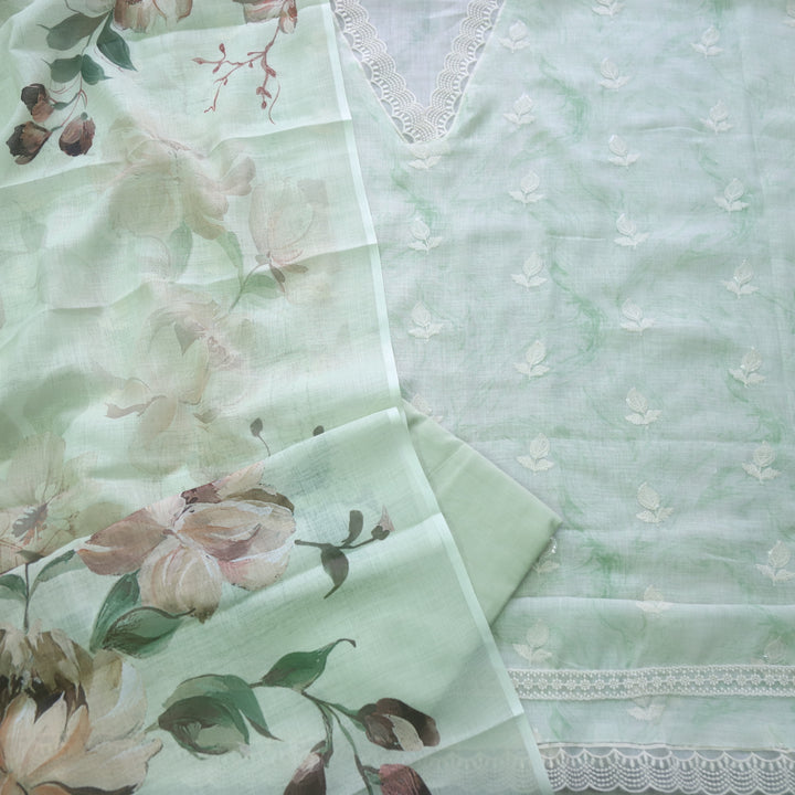 Raabta Minty Green V Neck Lace Work Printed Cotton Linen Suit Set