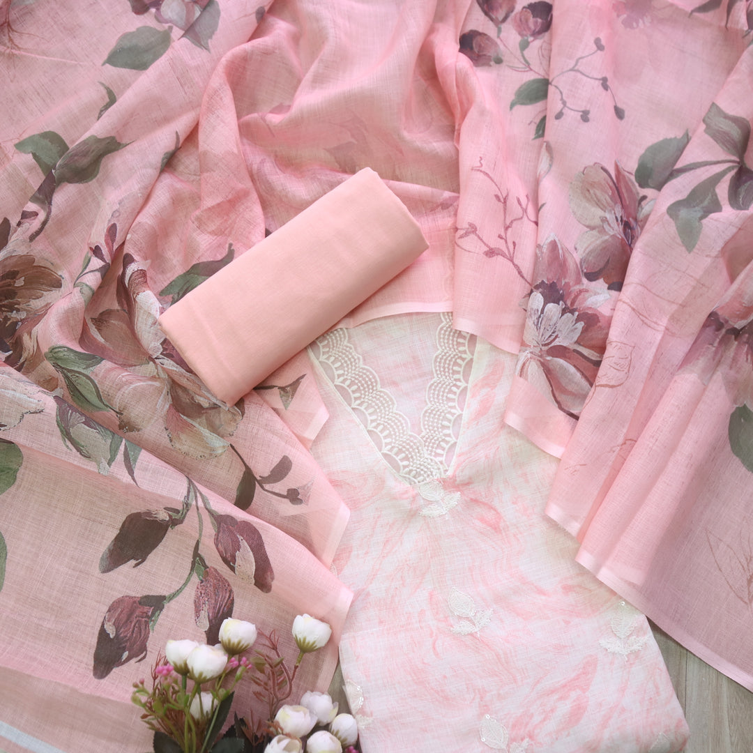 Raabta Baby Pink V Neck Lace Work Printed Cotton Linen Suit Set