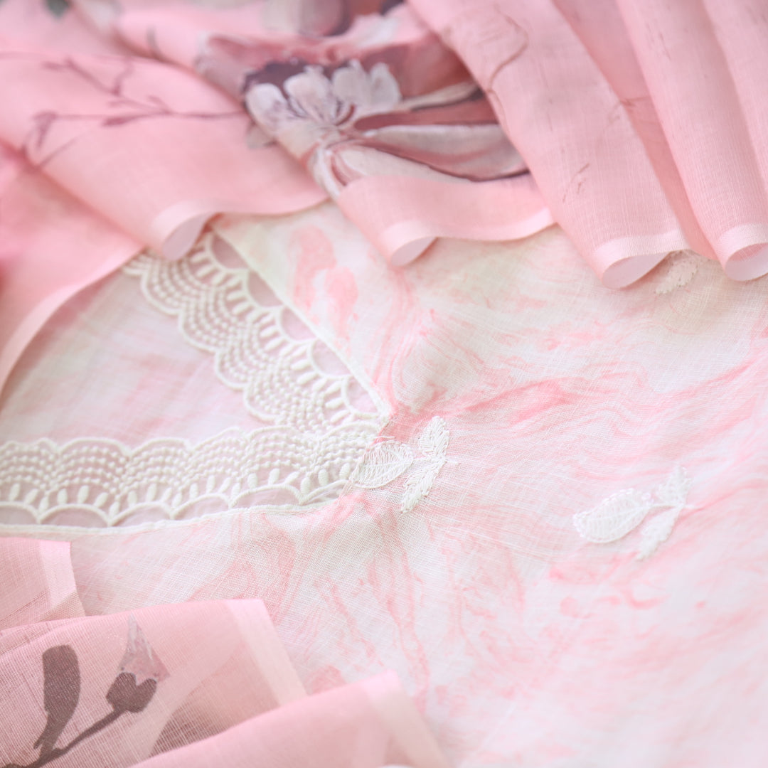 Raabta Baby Pink V Neck Lace Work Printed Cotton Linen Suit Set