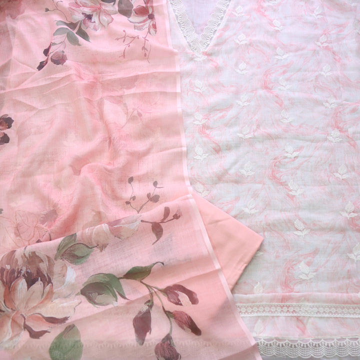 Raabta Baby Pink V Neck Lace Work Printed Cotton Linen Suit Set