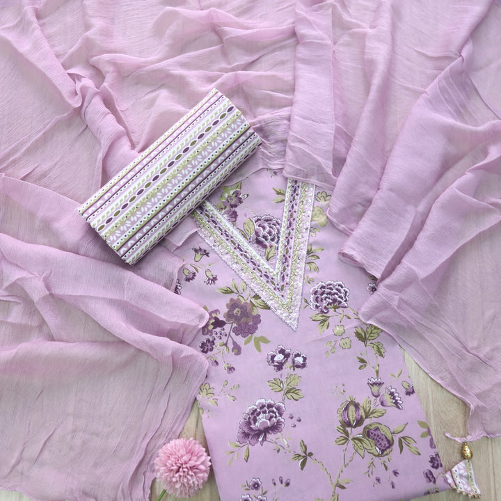 Bandegi Lavis Lavender Embellished V Neck Floral Printed Cotton Suit Set
