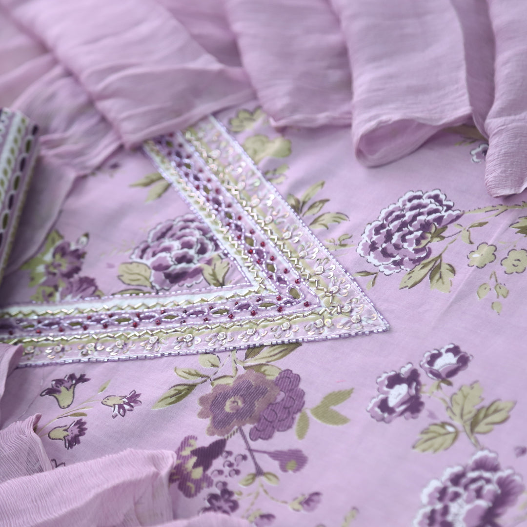Bandegi Lavis Lavender Embellished V Neck Floral Printed Cotton Suit Set