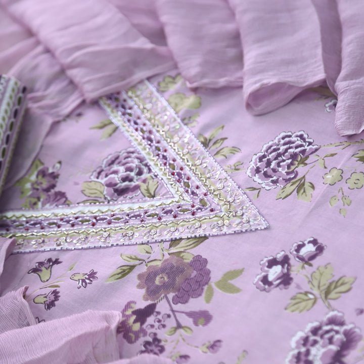 Bandegi Lavis Lavender Embellished V Neck Floral Printed Cotton Suit Set