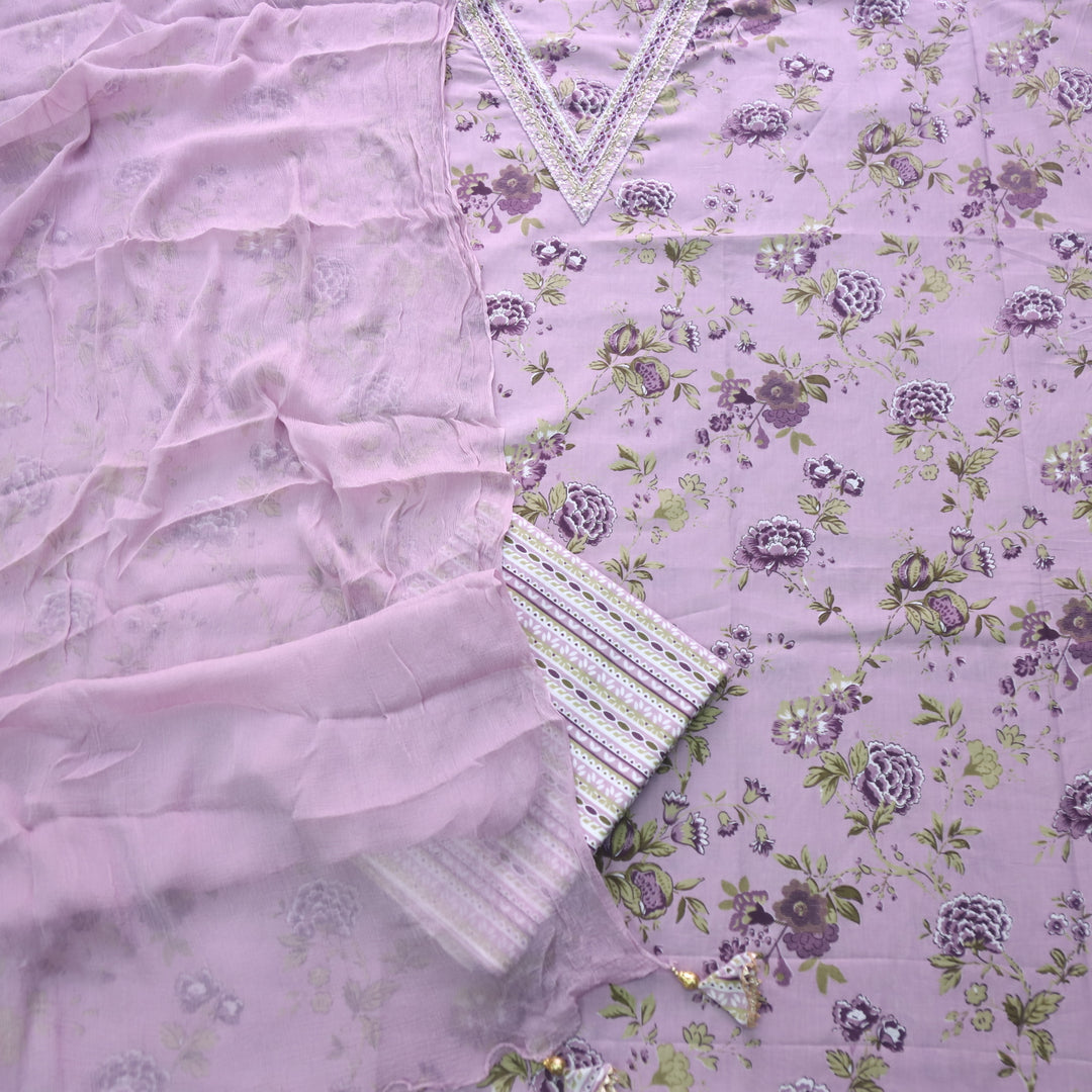 Bandegi Lavis Lavender Embellished V Neck Floral Printed Cotton Suit Set