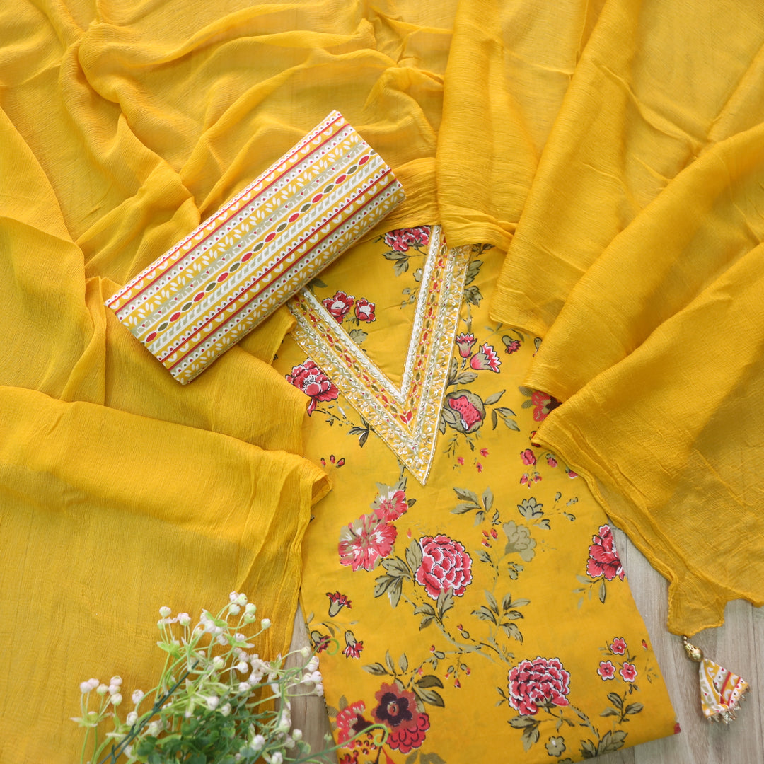 Bandegi Turmeric Yellow Embellished V Neck Floral Printed Cotton Suit Set