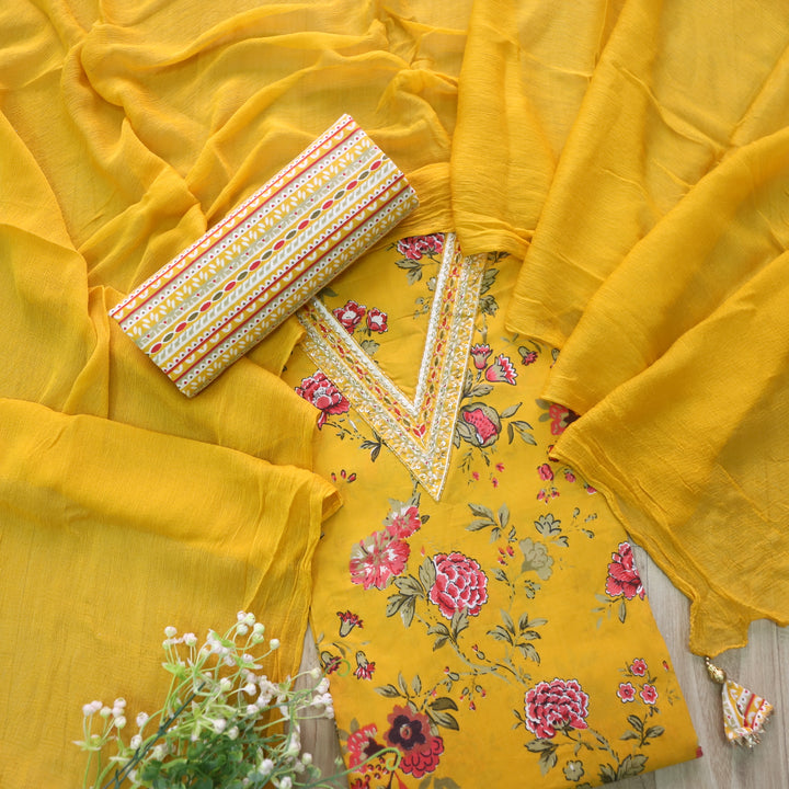 Bandegi Turmeric Yellow Embellished V Neck Floral Printed Cotton Suit Set