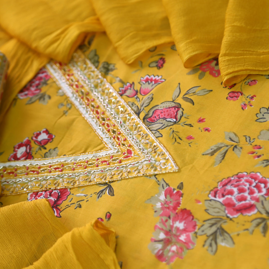 Bandegi Turmeric Yellow Embellished V Neck Floral Printed Cotton Suit Set