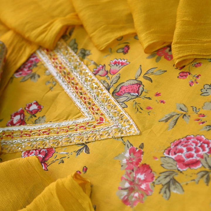 Bandegi Turmeric Yellow Embellished V Neck Floral Printed Cotton Suit Set