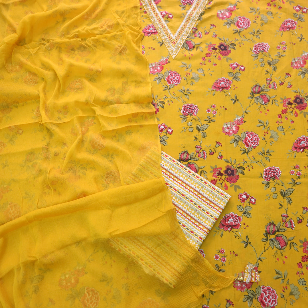Bandegi Turmeric Yellow Embellished V Neck Floral Printed Cotton Suit Set