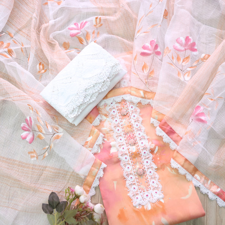 Zahirgiri Peach Orange Lace Work Neck Floral Printed Cotton Suit Set