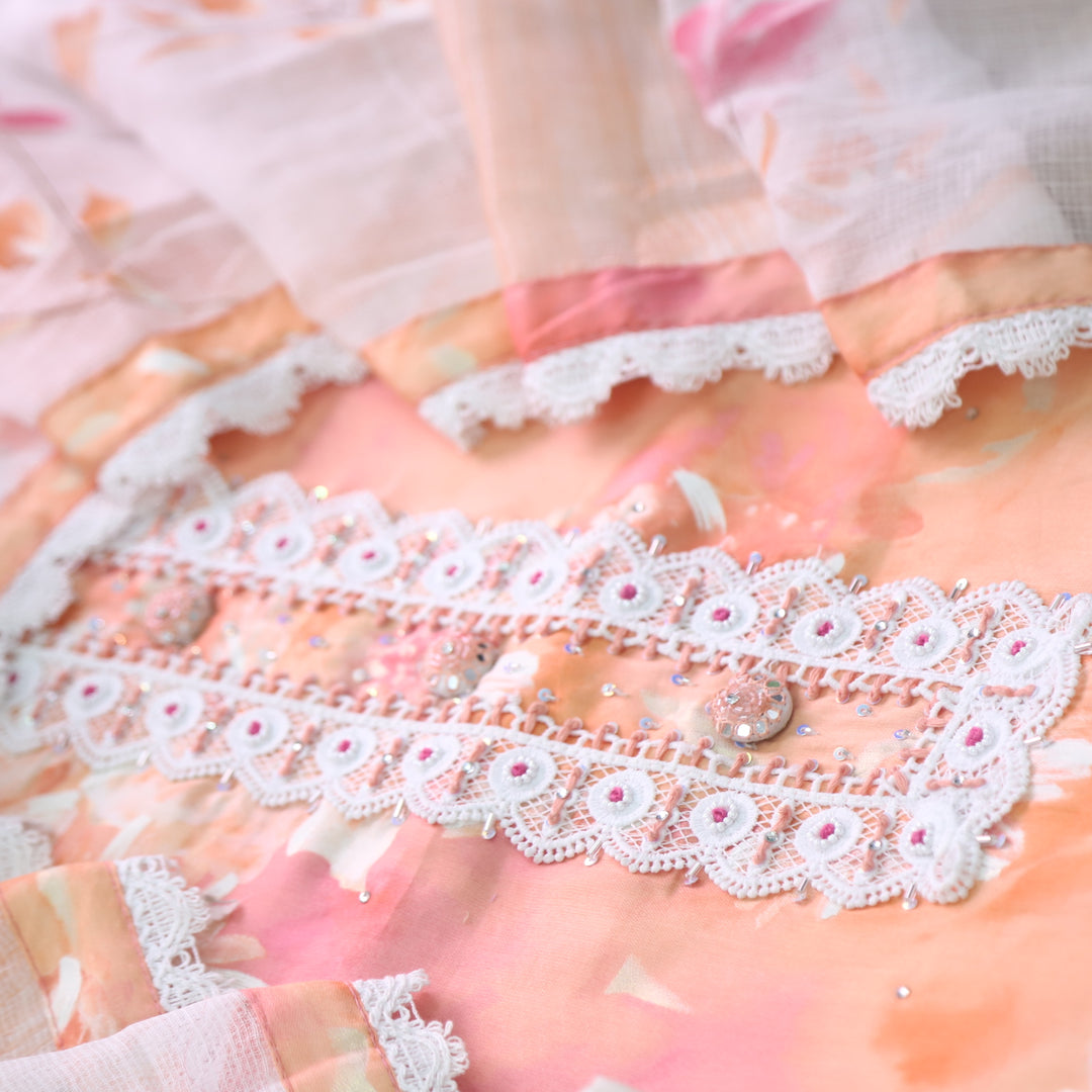 Zahirgiri Peach Orange Lace Work Neck Floral Printed Cotton Suit Set