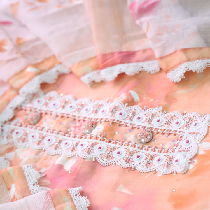 Zahirgiri Peach Orange Lace Work Neck Floral Printed Cotton Suit Set