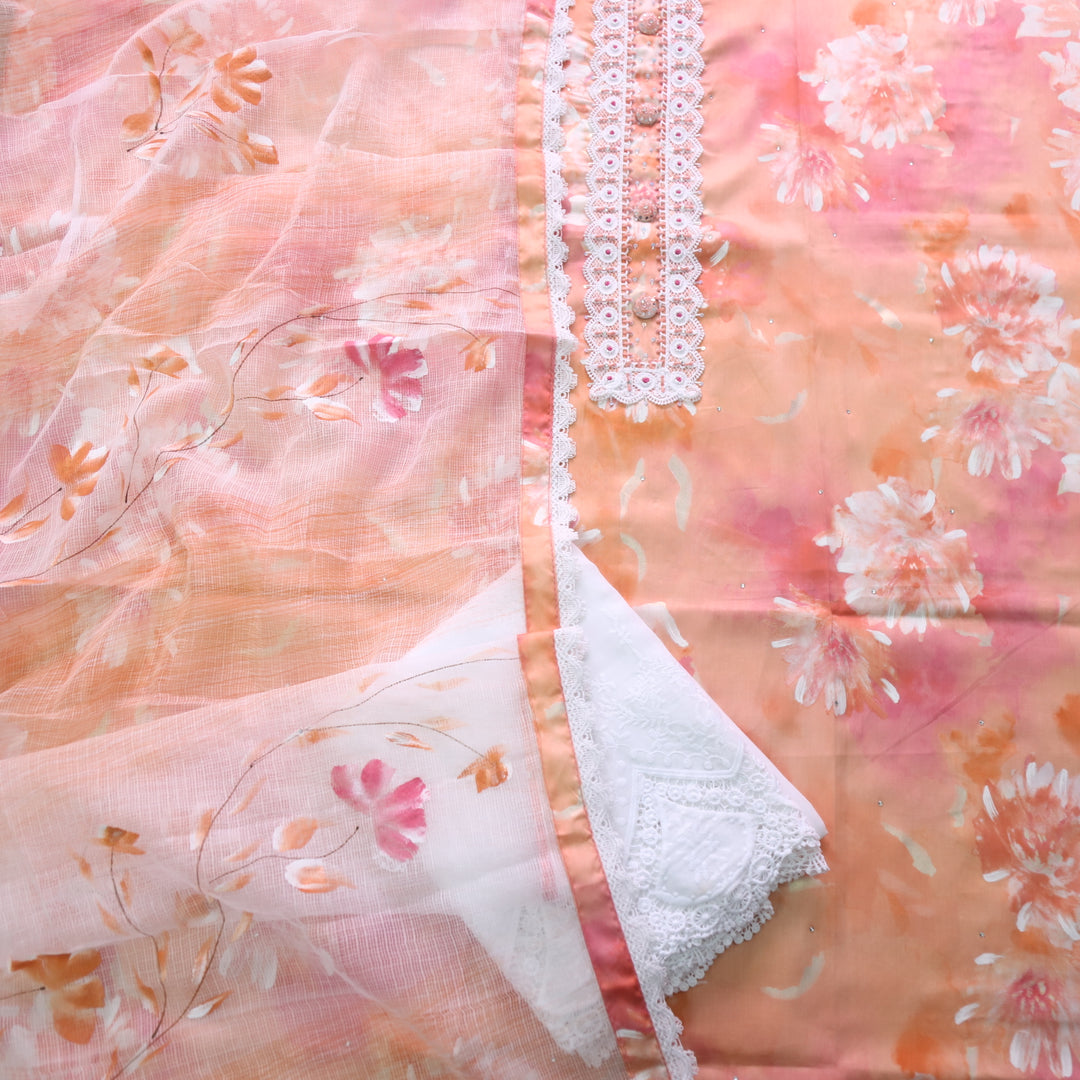 Zahirgiri Peach Orange Lace Work Neck Floral Printed Cotton Suit Set