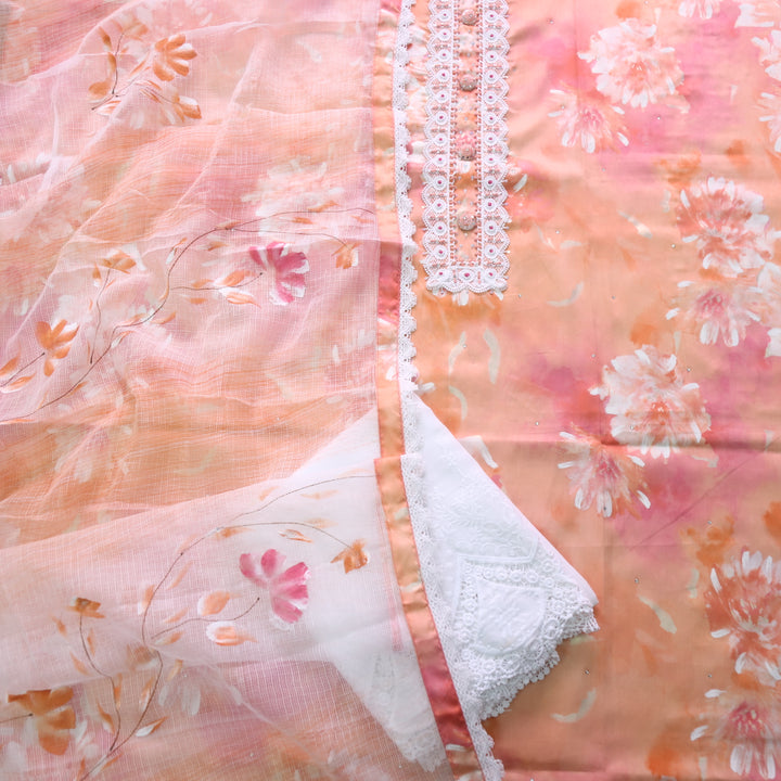 Zahirgiri Peach Orange Lace Work Neck Floral Printed Cotton Suit Set