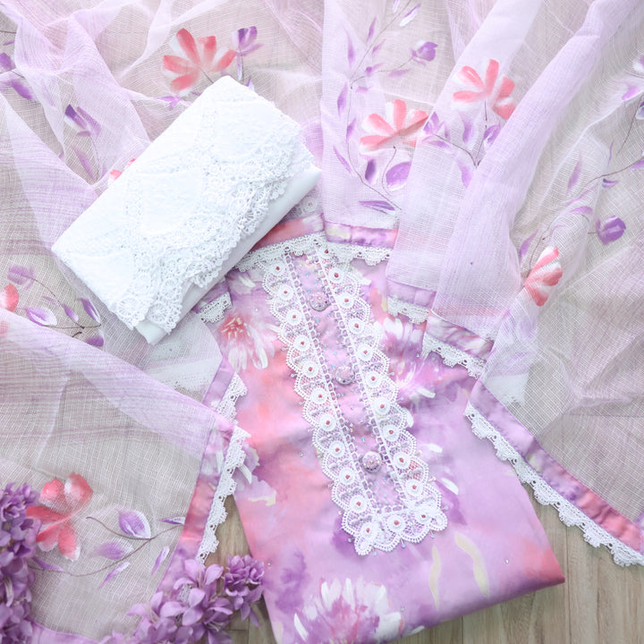 Zahirgiri Lavender Purple Lace Work Neck Floral Printed Cotton Suit Set