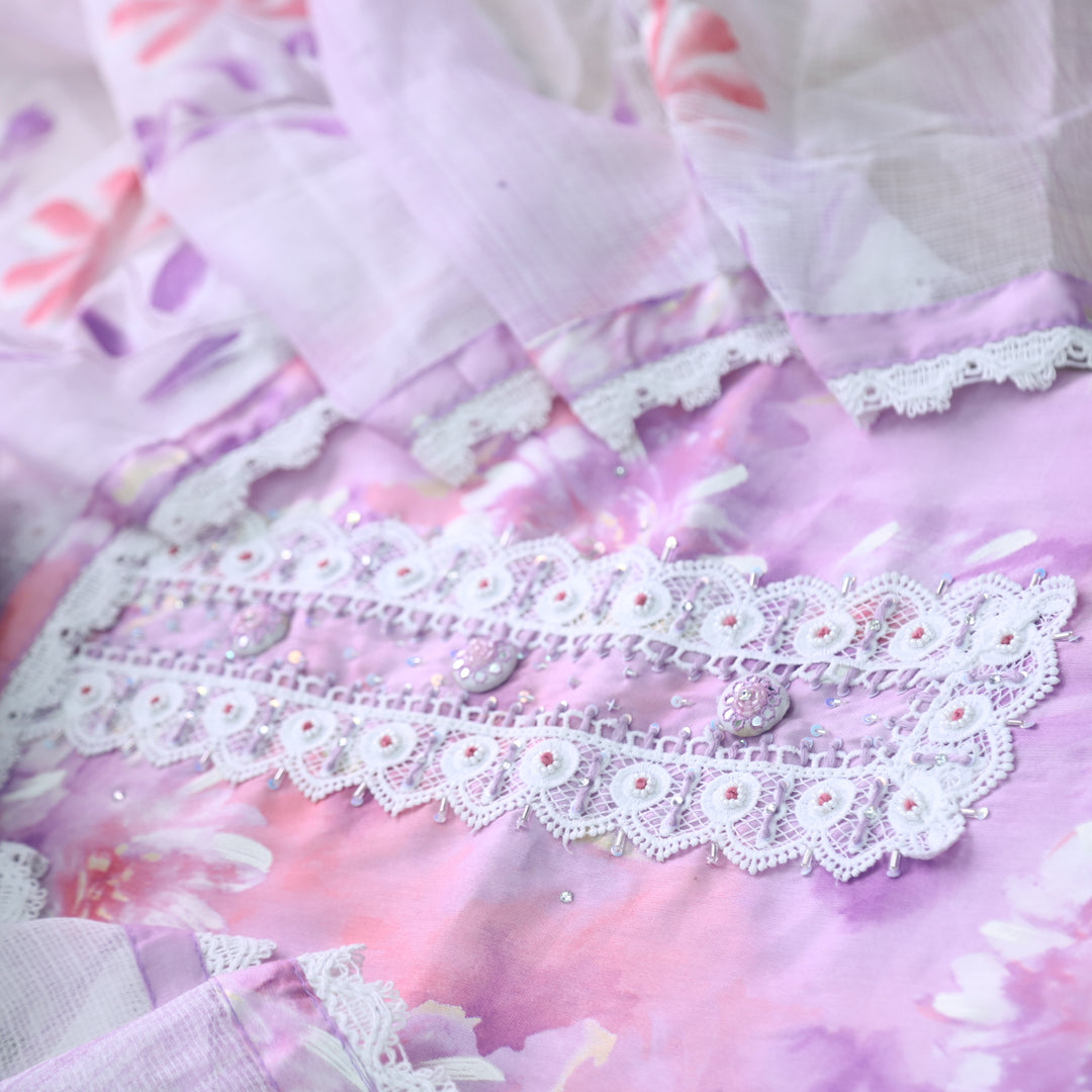 Zahirgiri Lavender Purple Lace Work Neck Floral Printed Cotton Suit Set