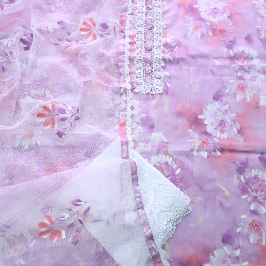 Zahirgiri Lavender Purple Lace Work Neck Floral Printed Cotton Suit Set