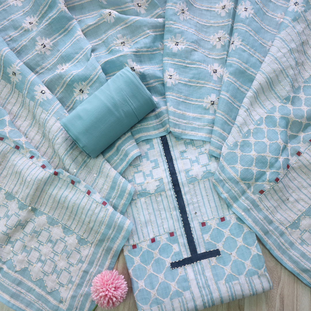 Zehnaseeb Aqua Blue Kantha Work Printed Cotton Jute Suit Set