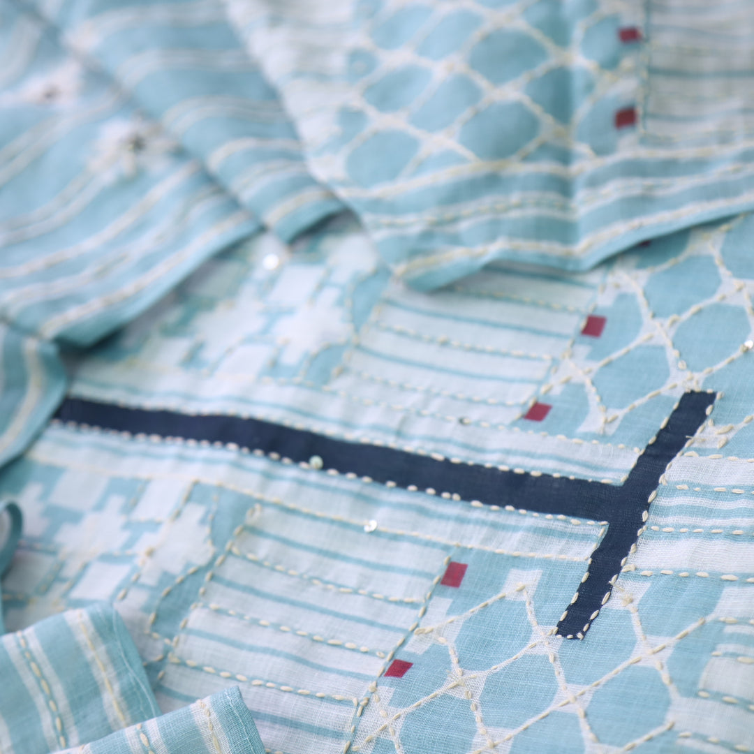 Zehnaseeb Aqua Blue Kantha Work Printed Cotton Jute Suit Set