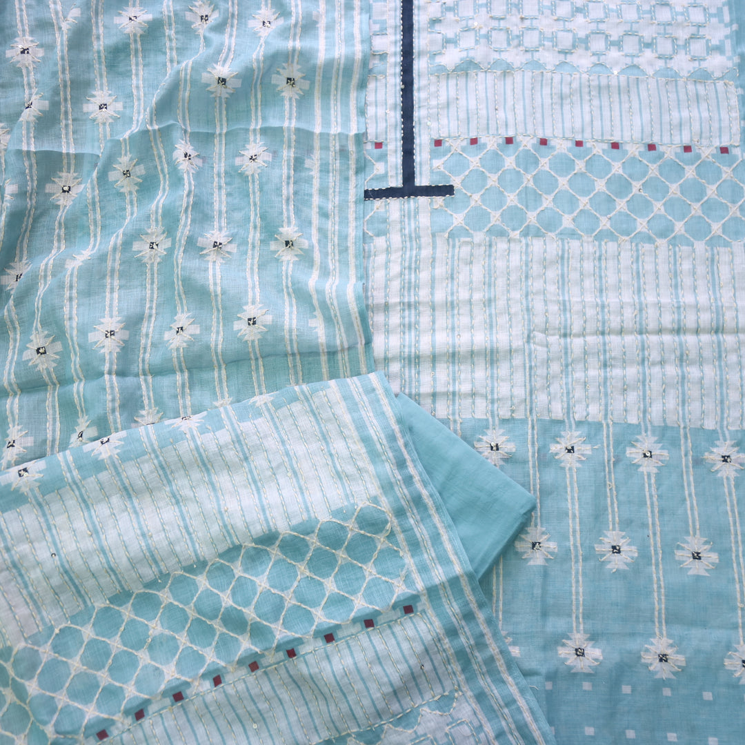Zehnaseeb Aqua Blue Kantha Work Printed Cotton Jute Suit Set