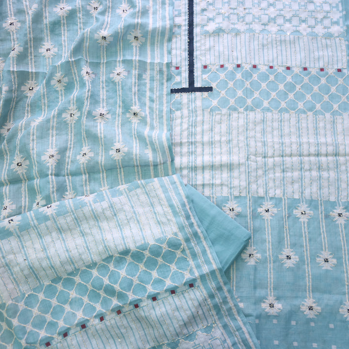 Zehnaseeb Aqua Blue Kantha Work Printed Cotton Jute Suit Set