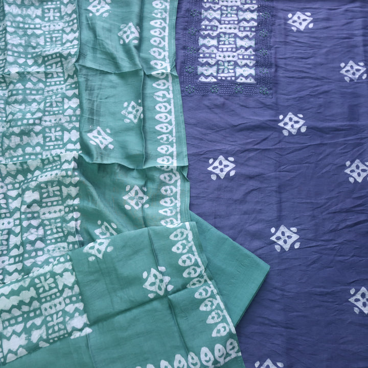Gulshan Purplish Grey French Knot Batik Print Neck Chanderi Suit Set D4