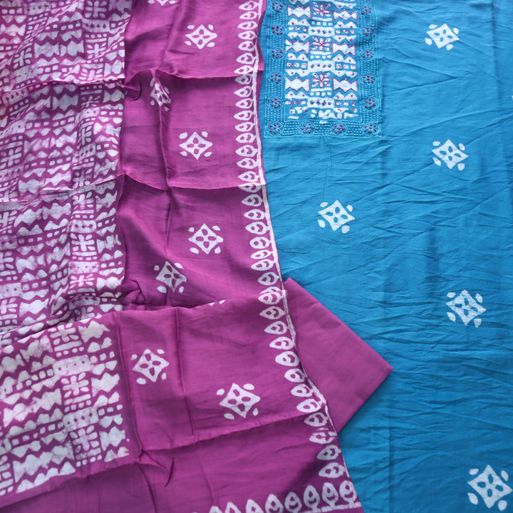 Gulshan Bright Teal French Knot Batik Print Neck Chanderi Suit Set D4