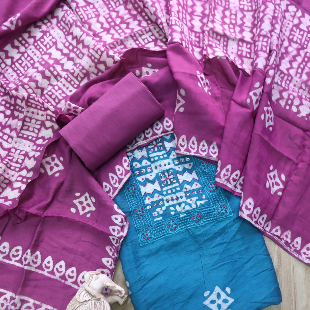 Gulshan Bright Teal French Knot Batik Print Neck Chanderi Suit Set D4