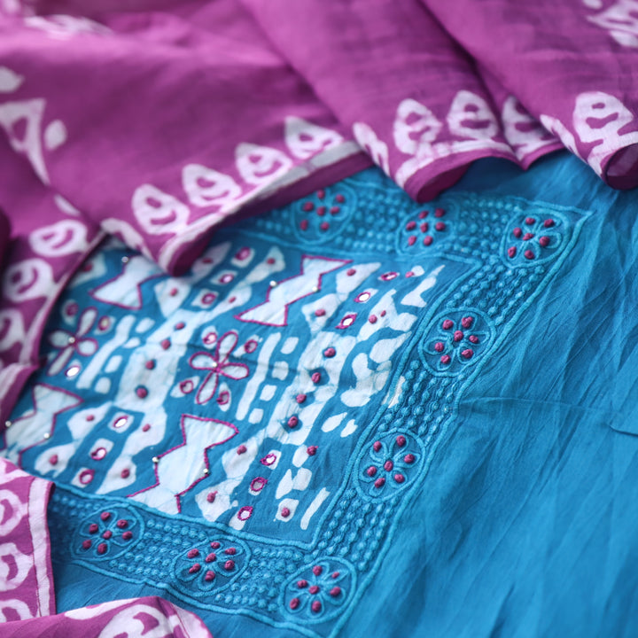 Gulshan Bright Teal French Knot Batik Print Neck Chanderi Suit Set D4