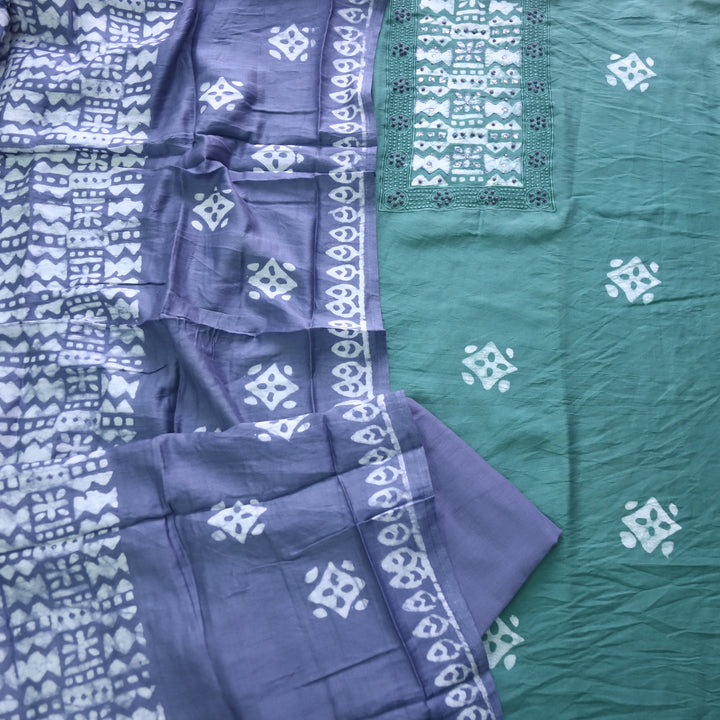 Gulshan Sage Green French Knot Batik Print Neck Chanderi Suit Set D4