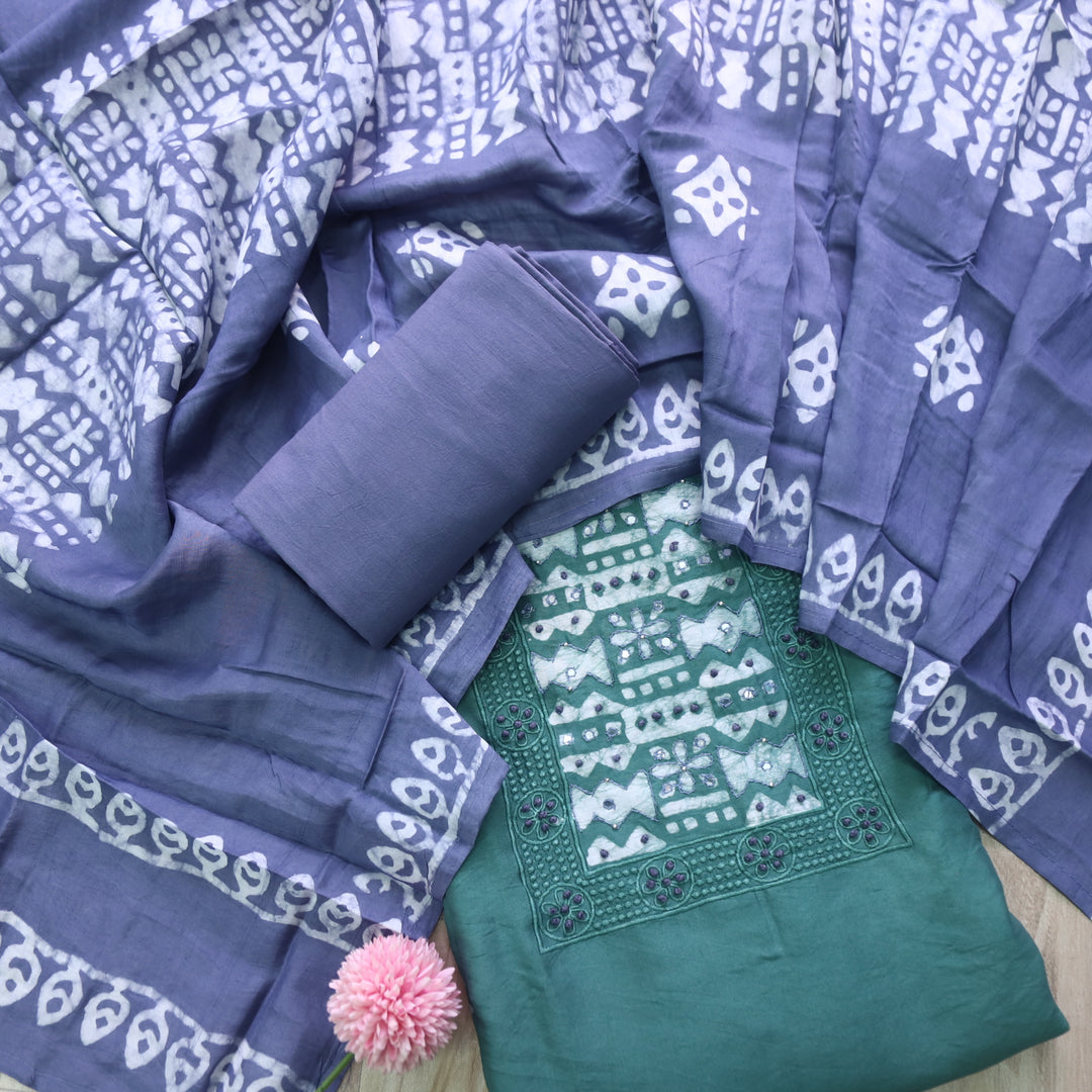 Gulshan Sage Green French Knot Batik Print Neck Chanderi Suit Set D4
