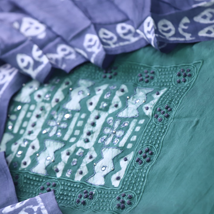 Gulshan Sage Green French Knot Batik Print Neck Chanderi Suit Set D4