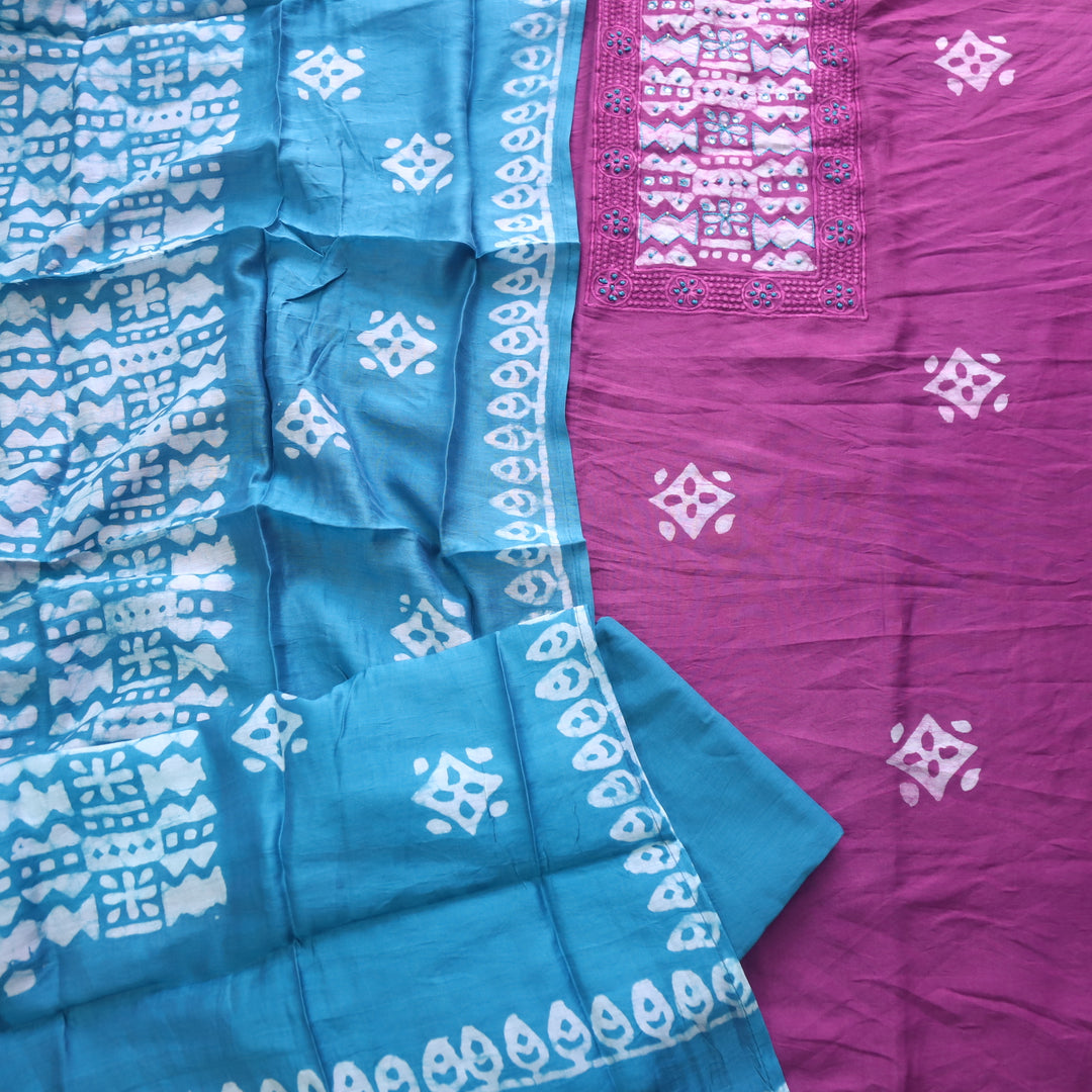 Gulshan Orchid Purple French Knot Batik Print Neck Chanderi Suit Set D4
