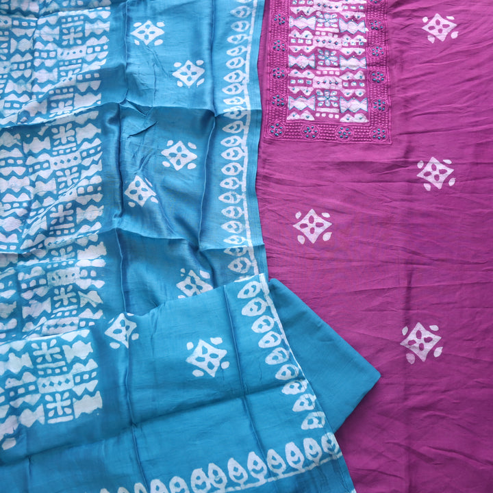 Gulshan Orchid Purple French Knot Batik Print Neck Chanderi Suit Set D4