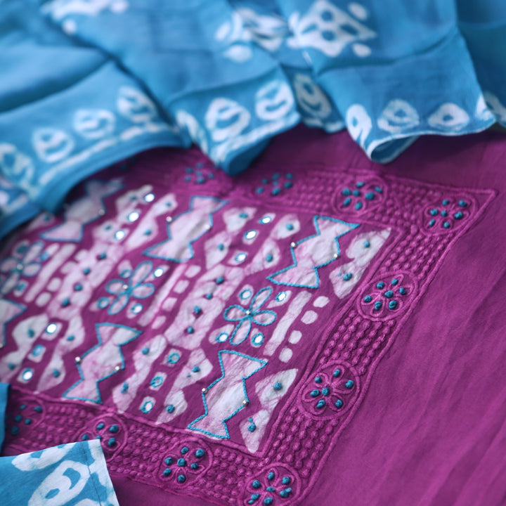 Gulshan Orchid Purple French Knot Batik Print Neck Chanderi Suit Set D4