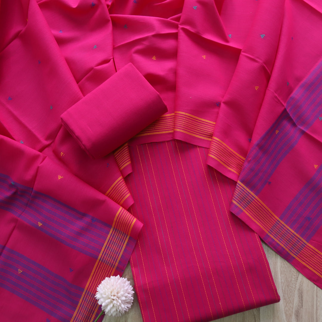 Madhubala Magenta Pink All Over Running Stitch Handloom Cotton Suit Set
