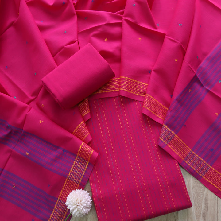Madhubala Magenta Pink All Over Running Stitch Handloom Cotton Suit Set