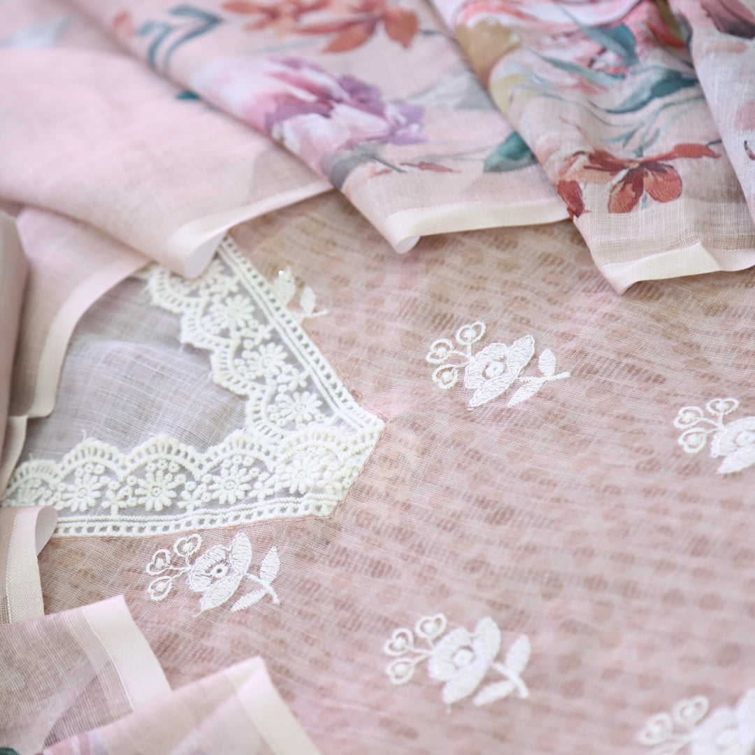 Kamleya Sand Beige V Neck Lace Work Printed Cotton Linen Suit Set
