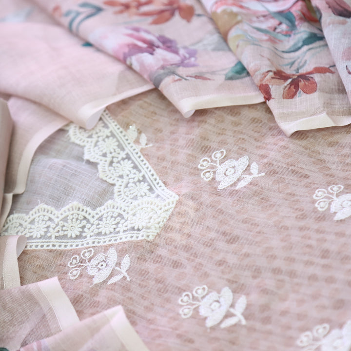 Kamleya Sand Beige V Neck Lace Work Printed Cotton Linen Suit Set
