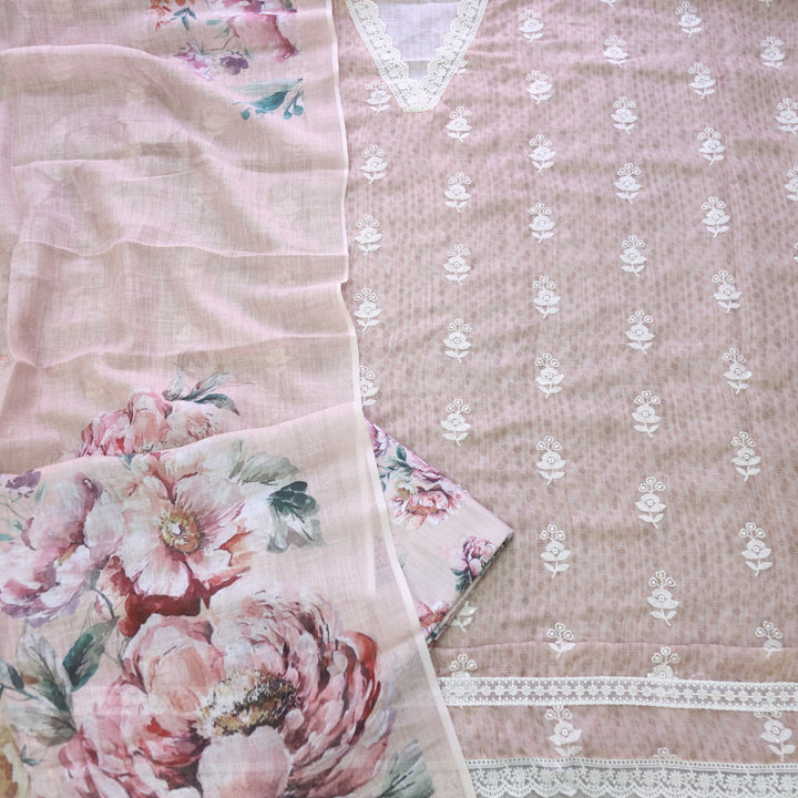Kamleya Sand Beige V Neck Lace Work Printed Cotton Linen Suit Set