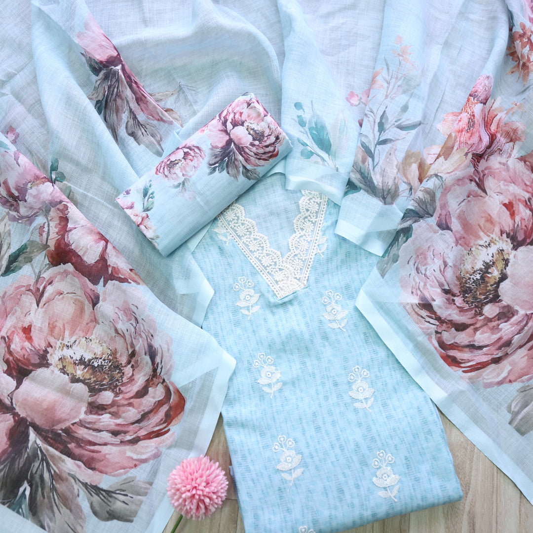 Kamleya Sea Blue V Neck Lace Work Printed Cotton Linen Suit Set