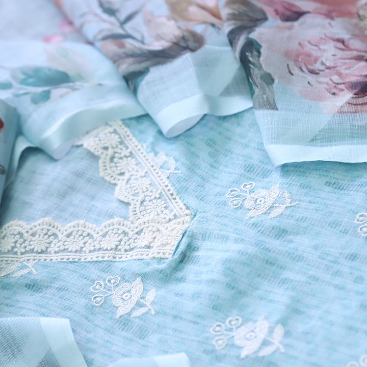 Kamleya Sea Blue V Neck Lace Work Printed Cotton Linen Suit Set