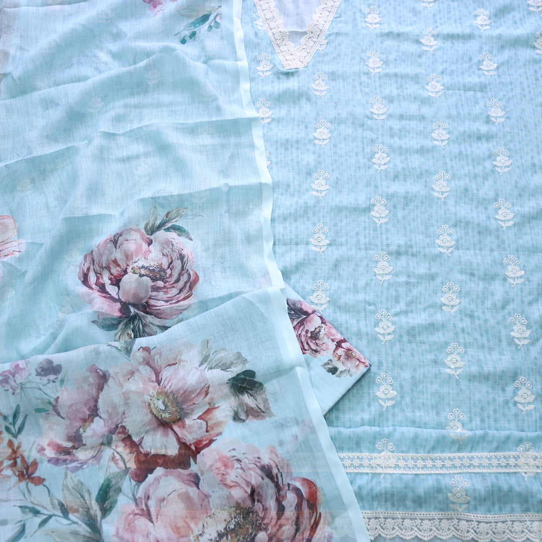 Kamleya Sea Blue V Neck Lace Work Printed Cotton Linen Suit Set