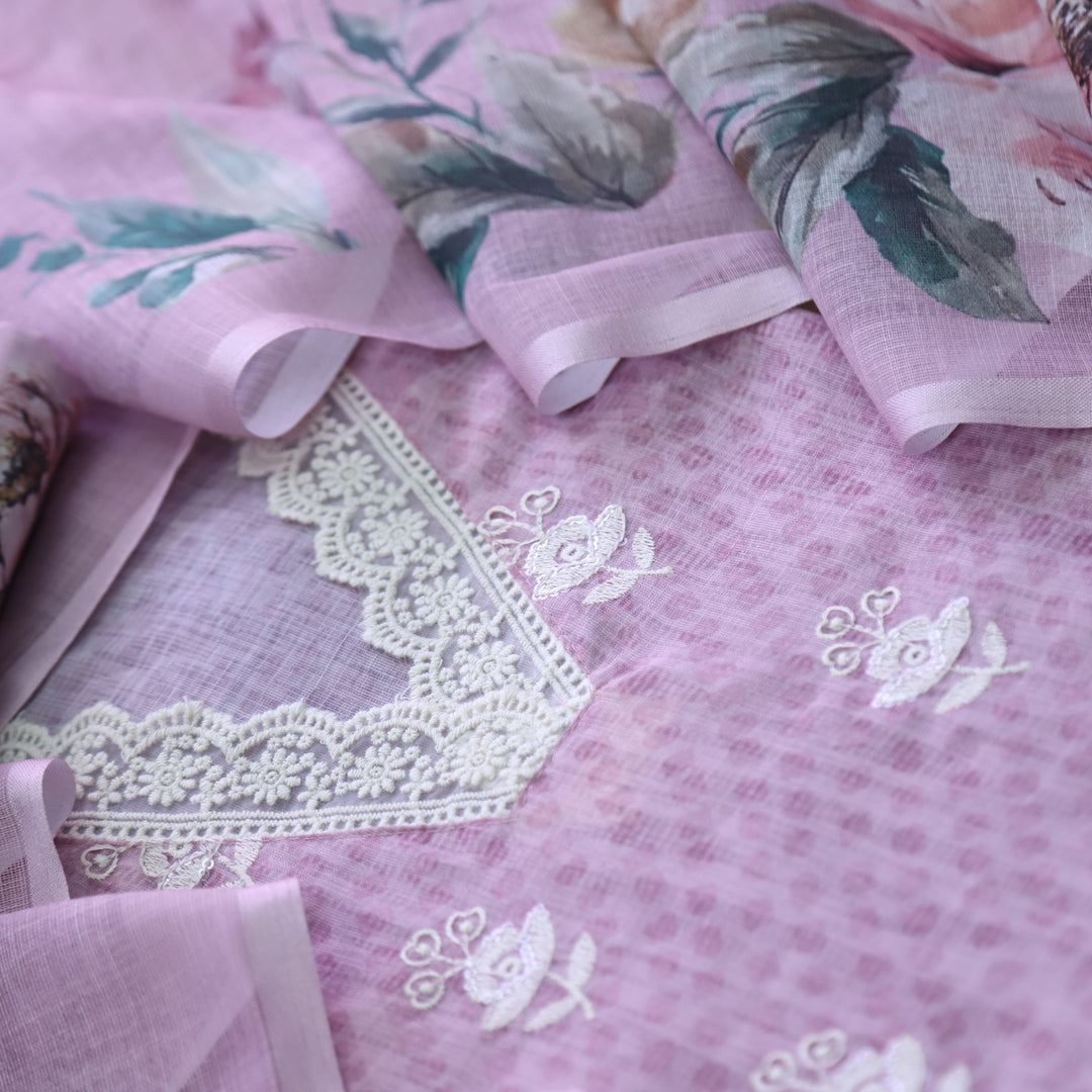 Kamleya Helio Mauve V Neck Lace Work Printed Cotton Linen Suit Set